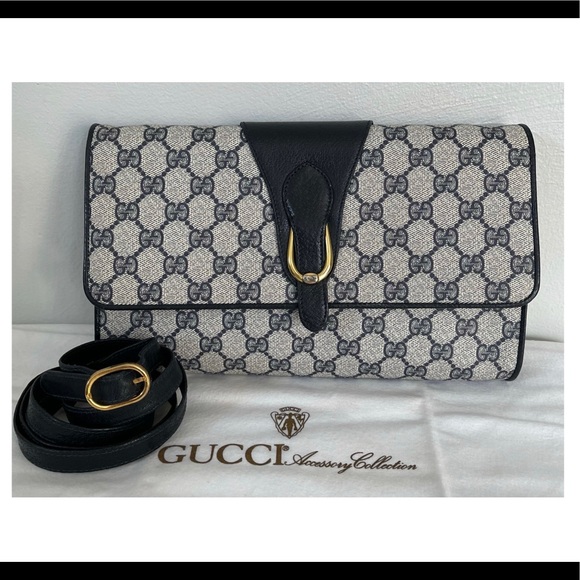Gucci Handbags - Vintage 80’s GUCCI Navy Monogram PVC Vinyl Convertible Clutch Flap Horsebit Bag